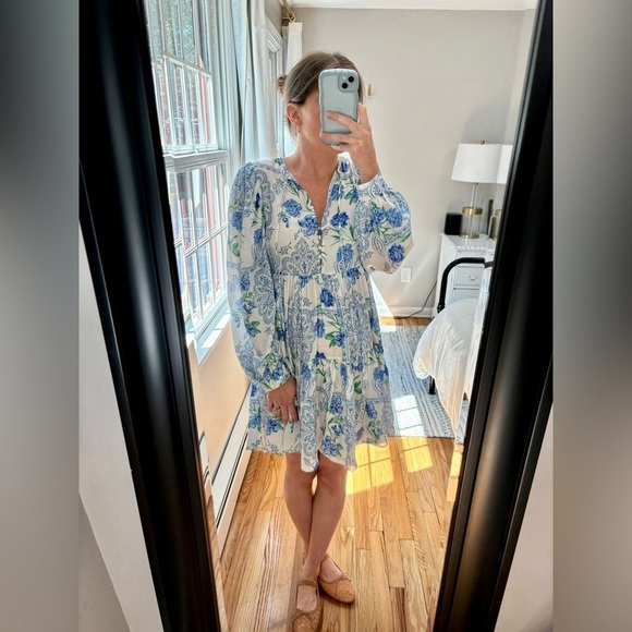 Hunter Bell Long Sleeve Tiered Short Dress in Blue & Green Floral Medallion, XS - Picture 8 of 8